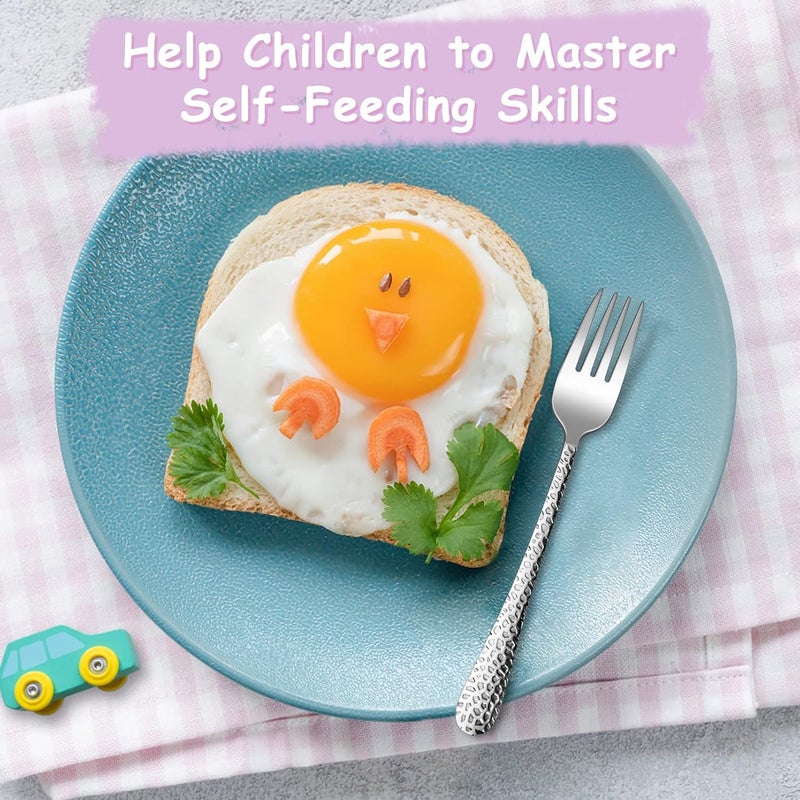 TeamFar Toddler Forks, Stainless Steel Toddler Utensil Silverware Baby Forks for Self Feeding at Home & Preschool, Healthy & Non Toxic, Mirror Polished & Hammered Handle, Dishwasher Safe, Set of 6 - Image 4